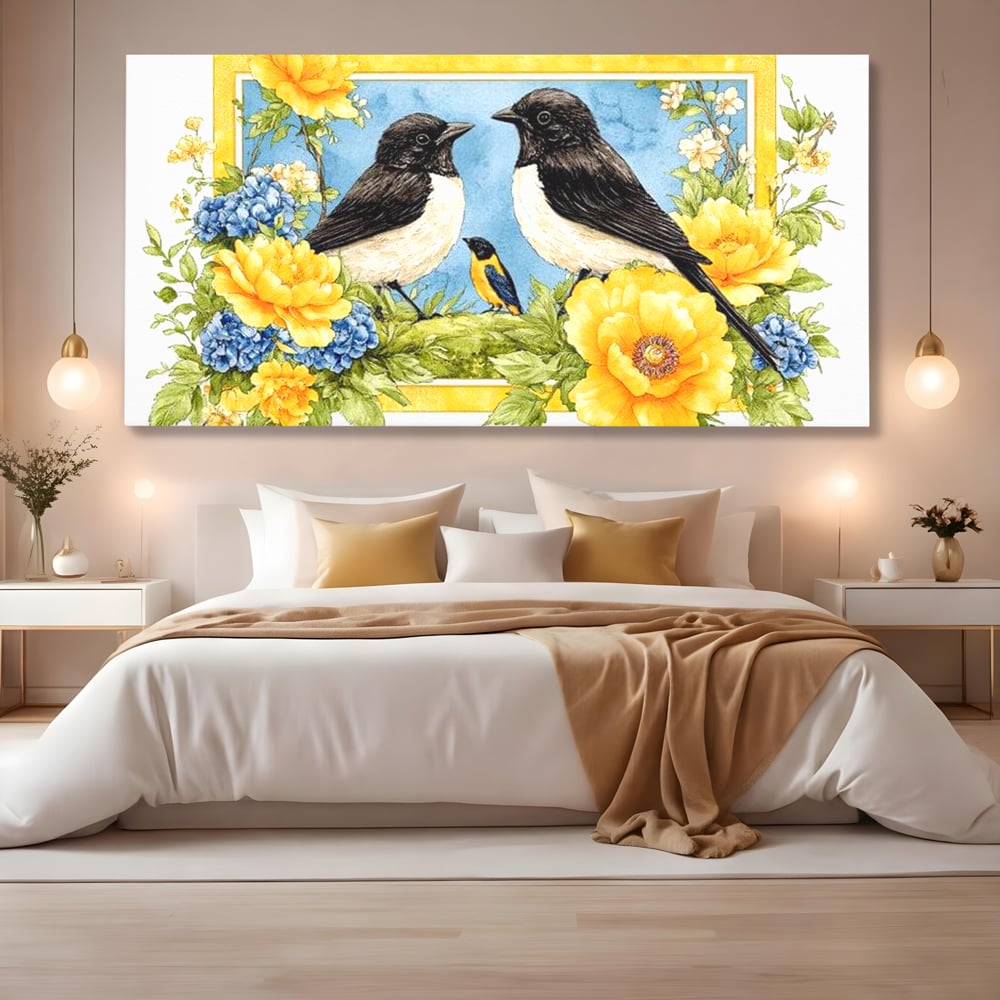 Tablou canvas cu tablou canvas cu pasari si flori, fara rama, pe sasiu de lemn, pe perete intr-un dormitor